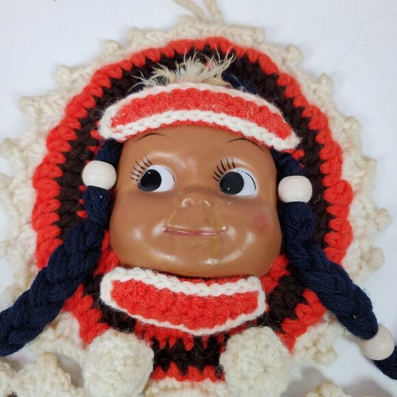 Vintage 1970s Handmade Crochet Pot Holders w/ Indian Child 15 Inch Top To Bottom - Picture 4 of 5